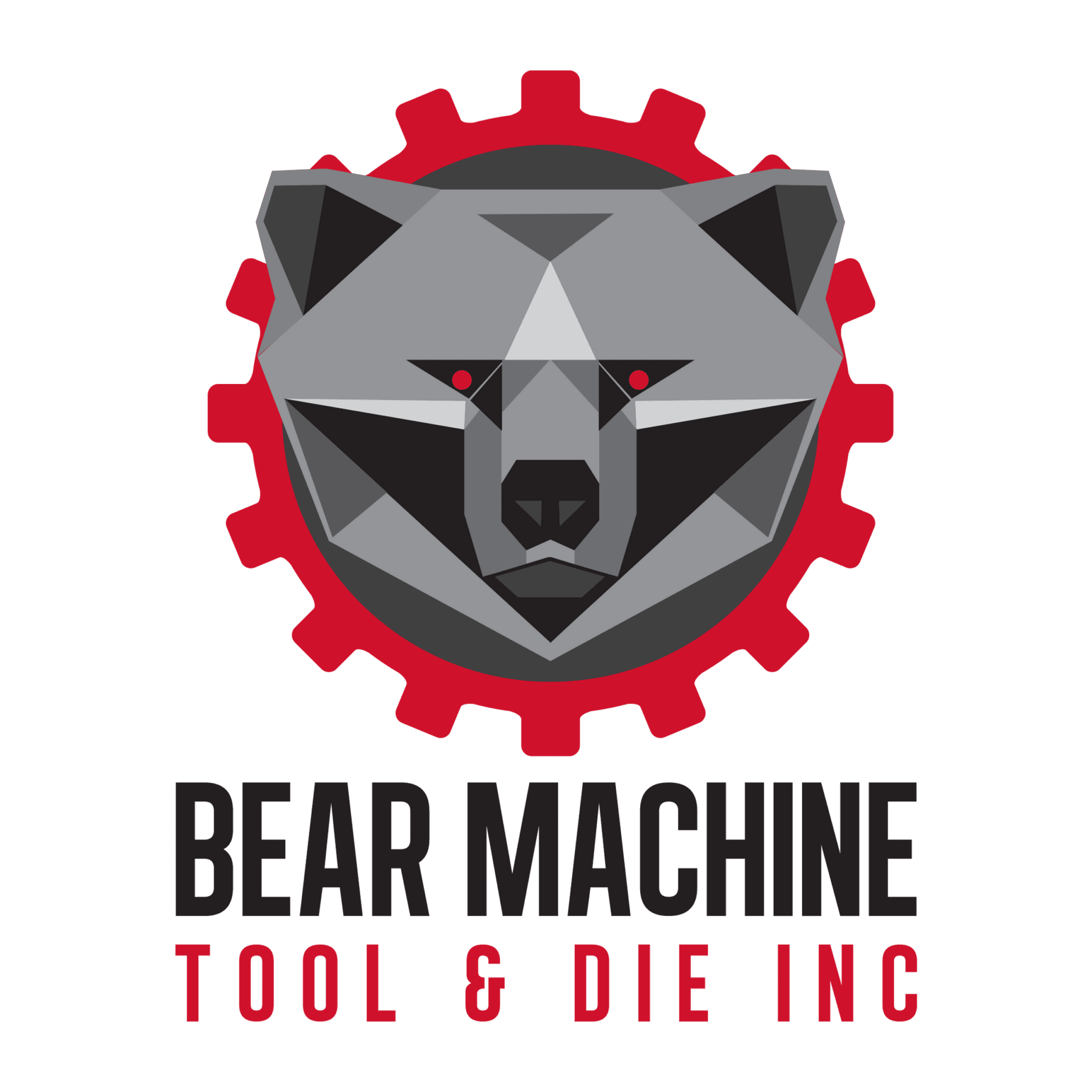Bear Machine Tool & Die Inc logo with a geometric bear within a red gear.