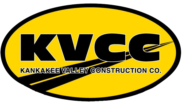 KVCC logo featuring bold text for Kankakee Valley Construction Co. on a yellow oval background.