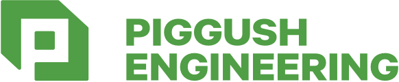 Piggush Engineering logo in green, featuring a stylized building icon.